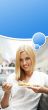 Portrait of young pretty smiling woman eating cake at shopping m
