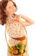 Closeup portrait of young caucasian woman with straw basket of f