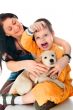 Portrait of a happy family of mother and her son sitting togethe