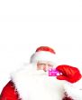 Traditional Santa Claus holding and sowing credit card while giv