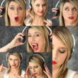 blonde with red lipstick and headset striking poses