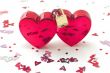 Wedlocked, two hearts locked,  with small decorations, isolated 