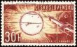 Postage stamp with spaceship, Sun, Mercury and Venus