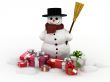 Snowman and gift boxes.3d rendered image.