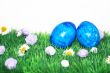 Colorful Easter eggs on green grass