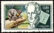 Alexander von Humboldt and monkey on post stamp