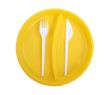 Yellow plastic plate, fork and knife