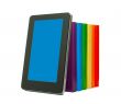 Row of colorful books and tablet PC