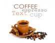 Cup of coffee with ingredients on a white background