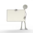 figure holds a signboard