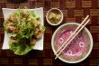 Asian over brown table with chopsticks