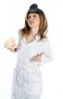 Female doctor with a human skull in his hands