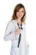 Female doctor with a human skull in his hands