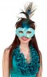 brunette girl in a blue dress and mask