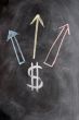 US Dollar symbol with up arrows written on blackboard