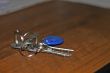 Keys with a rings lay on the brown wood table