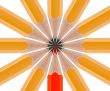 red Sharpened pencil flipped in group of sharpened