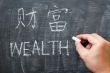Wealth - word written on a blackboard with a Chinese version