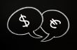 Two speech bubbles for Dollar and Euro dialogue on a blackboard