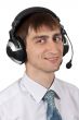 businessman in shirt and tie in the headphones