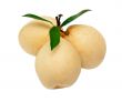 three ripe yellow pear with green leaves