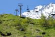Empty cableway and caucasus mountains background