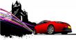 London on Tower bridge and red car coupe images. Vector illustra