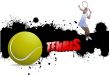 Grunge tennis poster with tennis ball and player. Vector illustr
