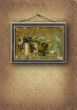 picture in a frame hangs on an old wall