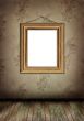 Gold frame hangs on an old wall.