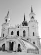 White stone church built in russian gothic style 