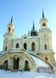 White stone church built in russian gothic style (pseudo gothic)