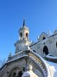 White stone church built in russian gothic style (pseudo gothic)