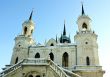 White stone church built in russian gothic style 