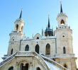 White stone church built in russian gothic style 
