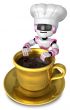 Chef leaning on a Gold cup of coffee. 3D Robot Character