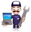 The Man Grasp the laptop and spanner. 3D Service Man Character