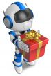 Blue robot holding a gift faintheartedly. 3D Robot Character