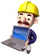 A Workers Shows Laptop. 3D Construction Works Character