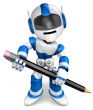 The writing with a pencil a Blue Robot. 3D Robot Character