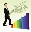 man with money climbing on bar graph