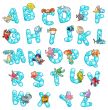 Alphabet with fish and bubbles.