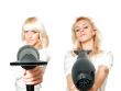 Blonde girl with hair dryer