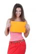 Beautiful woman holding empty orange board