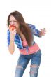 beautiful girl eats an apple