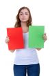 Young beautiful girl chooses a different color