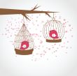 Vintage card with two cute birds in retro cages