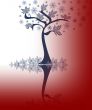 Abstraction  tree with leaves, snowflakes on a red-white background