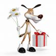 Illustration a dog with flowers and a gift.