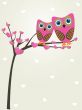 Two cute owls on the tree branch